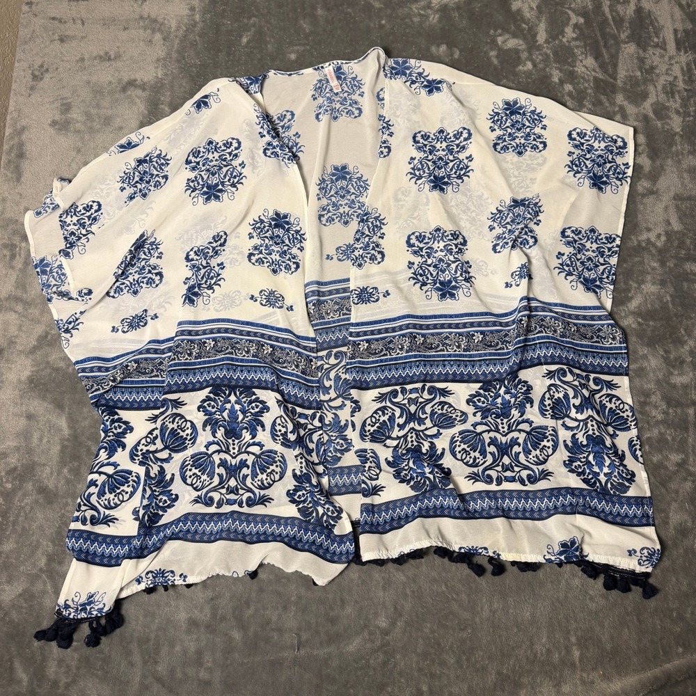 Xhilaration XL/XXL Blue White Damask Floral Tassel Kimono Wrap Cover Up
